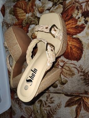 Cream Braided Espadrille Wedge Sandals with Gold Buckles